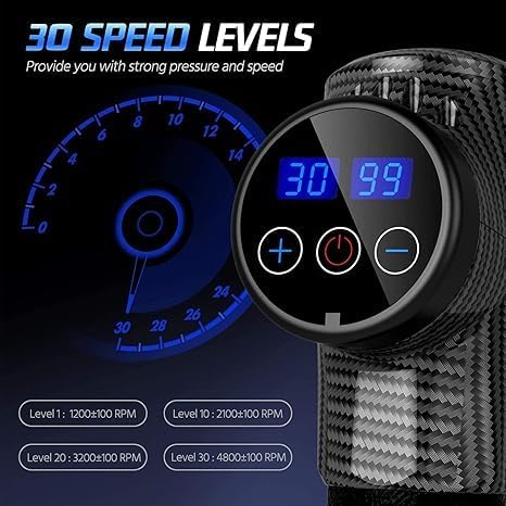 Image for Massage Gun with 30 Speeds and 6 Massage Heads in Hard Case Electric Massager with LCD Touch Screen Massage Gun Extra Quiet Only 35 dB Massage Gun in Carbon Fibre Design