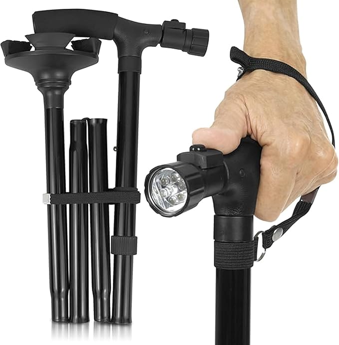 Image for Folding and Adjustable Walking Cane with LED Light, Walking Sticks for Men and Women, with Cushion Handle and Pivoting Quad Base for Hiking Mountain Climbing Backpacker(Black)
