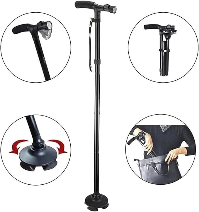 Image for Folding and Adjustable Walking Cane with LED Light, Walking Sticks for Men and Women, with Cushion Handle and Pivoting Quad Base for Hiking Mountain Climbing Backpacker(Black)