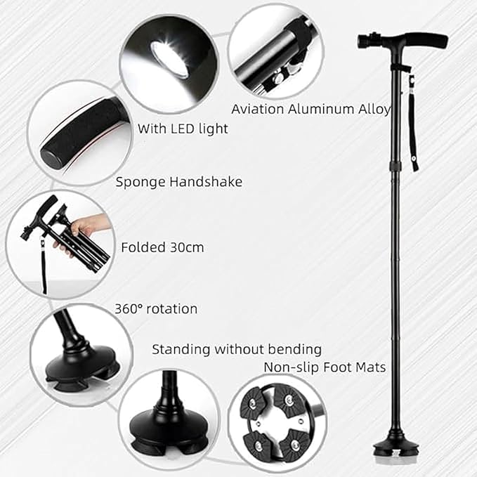 Image for Folding and Adjustable Walking Cane with LED Light, Walking Sticks for Men and Women, with Cushion Handle and Pivoting Quad Base for Hiking Mountain Climbing Backpacker(Black)