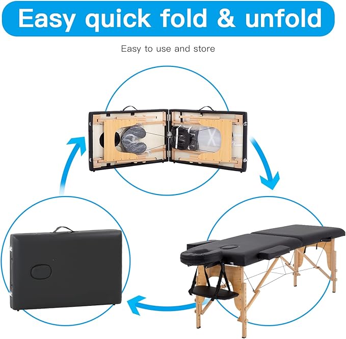 Image for Portable Massage Table Folding Spa Beauty Bed Lightweight Tattoo Therapy Couch Wooden 60 cm Width 2 Section Black