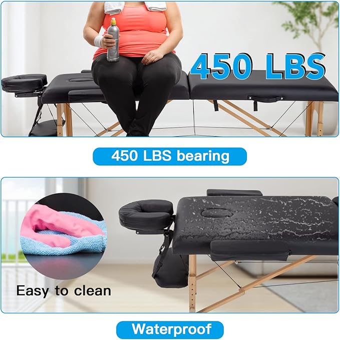 Image for Portable Massage Table Folding Spa Beauty Bed Lightweight Tattoo Therapy Couch Wooden 60 cm Width 2 Section Black