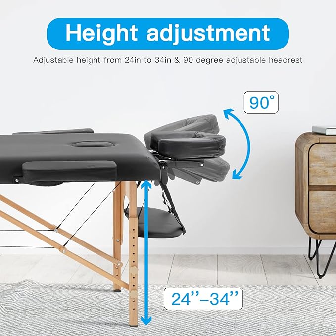 Image for Portable Massage Table Folding Spa Beauty Bed Lightweight Tattoo Therapy Couch Wooden 60 cm Width 2 Section Black